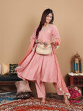 Varanga Women Peach Panelled And Embellished Anarkali Kurta With Trousers And Fringed Dupatta