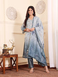 Varanga Women Grey Blue Floral Printed Straight Kurta With Trousers And Dupatta