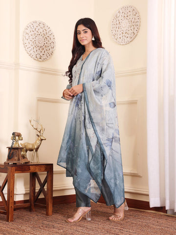 Varanga Women Grey Blue Floral Printed Straight Kurta With Trousers And Dupatta