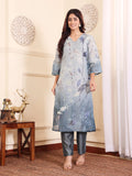 Varanga Women Grey Blue Floral Printed Straight Kurta With Trousers And Dupatta