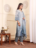 Varanga Women Grey Blue Floral Printed Straight Kurta With Trousers And Dupatta