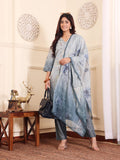 Varanga Women Grey Blue Floral Printed Straight Kurta With Trousers And Dupatta