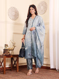 Varanga Women Grey Blue Floral Printed Straight Kurta With Trousers And Dupatta