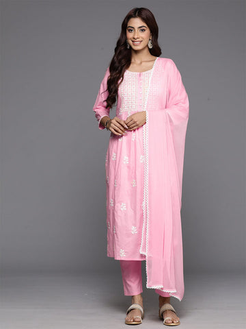 Varanga Women Pink Thread Embroidered Straight Kurta With Bottom And Dupatta