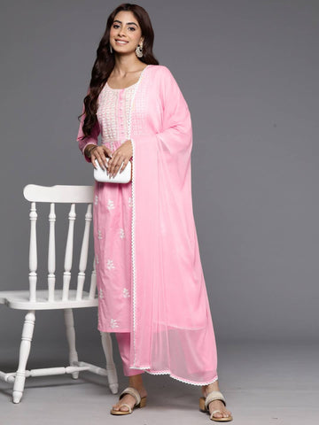 Varanga Women Pink Thread Embroidered Straight Kurta With Bottom And Dupatta