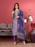 Varanga Women Purple Floral Printed Straight Kurta with Trousers and Printed Dupatta