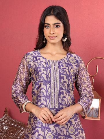 Varanga Women Purple Floral Printed Straight Kurta with Trousers and Printed Dupatta