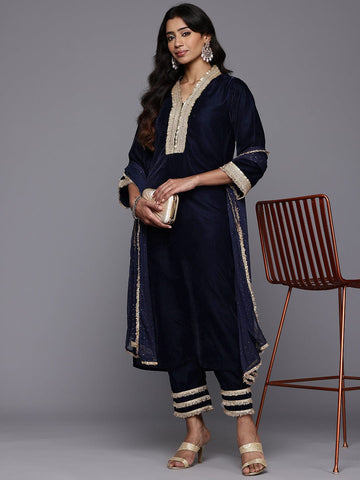 Varanga Women Navy Blue Straight Velvet Kurta Set with Dupatta