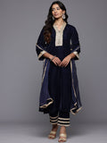 Varanga Women Navy Blue Straight Velvet Kurta Set with Dupatta