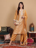 Varanga Women Beige Silk Brocade Straight Kurta with Trousers and Dupatta