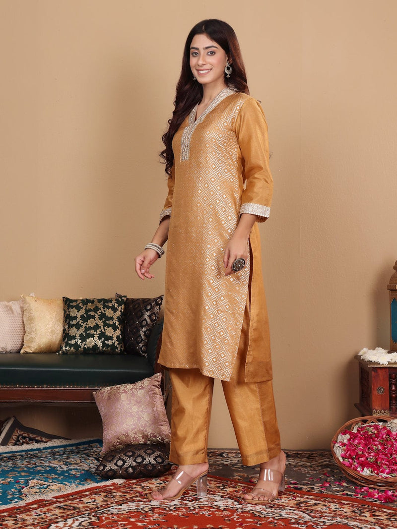 Varanga Women Beige Silk Brocade Straight Kurta with Trousers and Dupatta