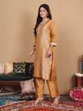 Varanga Women Beige Silk Brocade Straight Kurta with Trousers and Dupatta