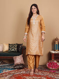 Varanga Women Beige Silk Brocade Straight Kurta with Trousers and Dupatta