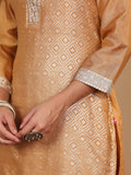 Varanga Women Beige Silk Brocade Straight Kurta with Trousers and Dupatta