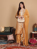 Varanga Women Beige Silk Brocade Straight Kurta with Trousers and Dupatta