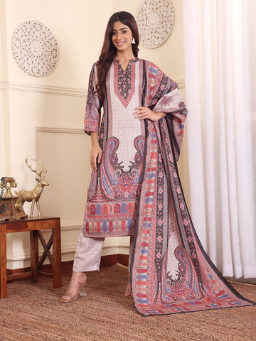 Varanga Women Multicolor Printed Winter Straight Kurta With Trousers And Printed Dupatta