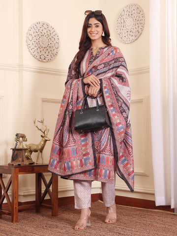 Varanga Women Multicolor Printed Winter Straight Kurta With Trousers And Printed Dupatta