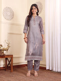 Varanga Women Grey Geometric Printed Winter Straight Kurta With Trousers And Printed Dupatta.