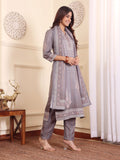 Varanga Women Grey Geometric Printed Winter Straight Kurta With Trousers And Printed Dupatta.