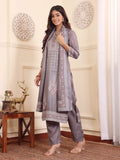 Varanga Women Grey Geometric Printed Winter Straight Kurta With Trousers And Printed Dupatta.