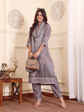 Varanga Women Grey Geometric Printed Winter Straight Kurta With Trousers And Printed Dupatta.