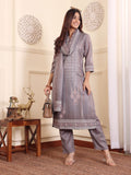 Varanga Women Grey Geometric Printed Winter Straight Kurta With Trousers And Printed Dupatta.