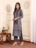 Varanga Women Grey Ethnic Printed Winter Straight Kurta With Trousers And Printed Dupatta.