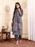 Varanga Women Grey Ethnic Printed Winter Straight Kurta With Trousers And Printed Dupatta.