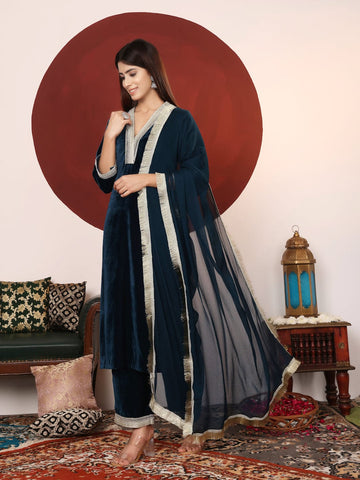 Varanga Women Zari Lace Detailed Velvet Kurta With Trouser And Dupatta.