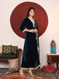 Varanga Women Zari Lace Detailed Velvet Kurta With Trouser And Dupatta.