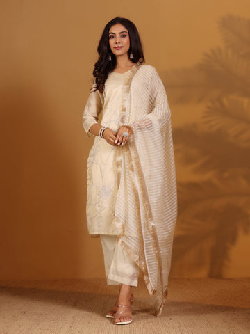 Varanga Women Zari Embroidered Shimmer Kurta With Trouser And Dupatta