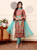 Varanga Women Turquoise Ethnic Printed Zari & Gota Lace Detailed Kurta With Solid Trouser & Dupatta