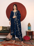 Varanga Women Teal Blue Zari Embroidered Velvet Straight Kurta With Trousers And Embroidered Dupatta