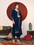 Varanga Women Teal Blue Zari Embroidered Velvet Straight Kurta With Trousers And Embroidered Dupatta