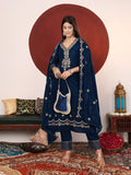 Varanga Women Teal Blue Zari Embroidered Velvet Straight Kurta With Trousers And Embroidered Dupatta