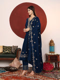 Varanga Women Teal Blue Zari Embroidered Velvet Straight Kurta With Trousers And Embroidered Dupatta