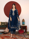 Varanga Women Teal Blue Zari Embroidered Velvet Straight Kurta With Trousers And Embroidered Dupatta