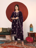 Varanga Women Purple Velvet Embroidered Straight Kurta With Trousers And Scalloped Embroidered Dupatta.