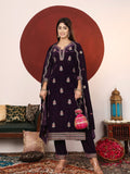 Varanga Women Purple Velvet Embroidered Straight Kurta With Trousers And Scalloped Embroidered Dupatta.