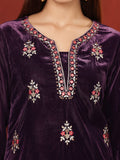 Varanga Women Purple Velvet Embroidered Straight Kurta With Trousers And Scalloped Embroidered Dupatta.