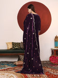 Varanga Women Purple Velvet Embroidered Straight Kurta With Trousers And Scalloped Embroidered Dupatta.