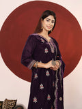 Varanga Women Purple Velvet Embroidered Straight Kurta With Trousers And Scalloped Embroidered Dupatta.