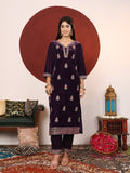 Varanga Women Purple Velvet Embroidered Straight Kurta With Trousers And Scalloped Embroidered Dupatta.