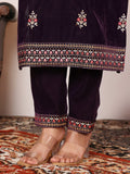 Varanga Women Purple Velvet Embroidered Straight Kurta With Trousers And Scalloped Embroidered Dupatta.