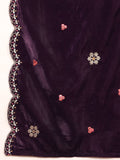 Varanga Women Purple Velvet Embroidered Straight Kurta With Trousers And Scalloped Embroidered Dupatta.