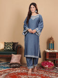 Varanga Women Grey Embroidered Straight Kurta With Bottom And Dupatta