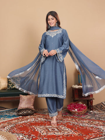 Varanga Women Grey Embroidered Straight Kurta With Bottom And Dupatta