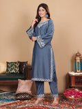 Varanga Women Grey Embroidered Straight Kurta With Bottom And Dupatta