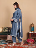 Varanga Women Grey Embroidered Straight Kurta With Bottom And Dupatta