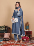 Varanga Women Grey Embroidered Straight Kurta With Bottom And Dupatta